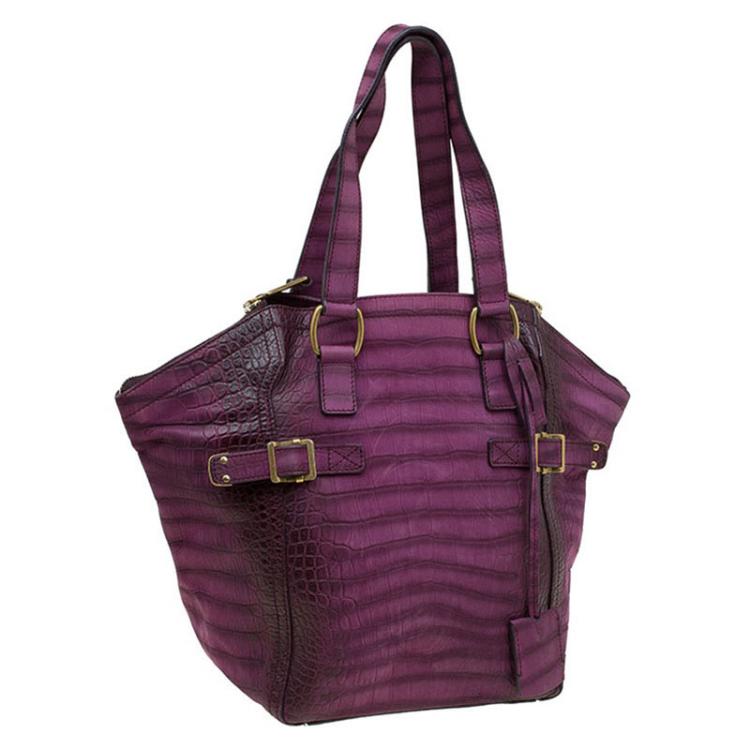 Pre Owned Saint Laurent Paris Purple Croc Embossed Leather Small Downtown Tote
