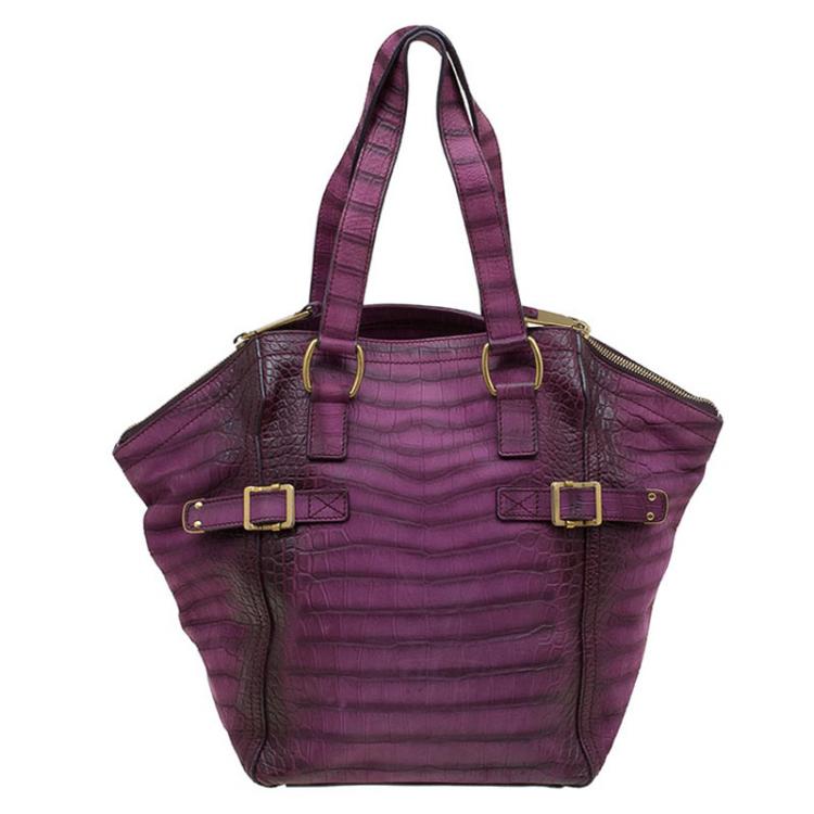 Pre Owned Saint Laurent Paris Purple Croc Embossed Leather Small Downtown Tote