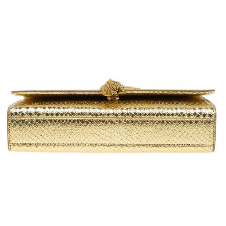 Pre Owned Saint Laurent Paris Gold Python Embossed Leather Medium Tassel Crossbody Bag