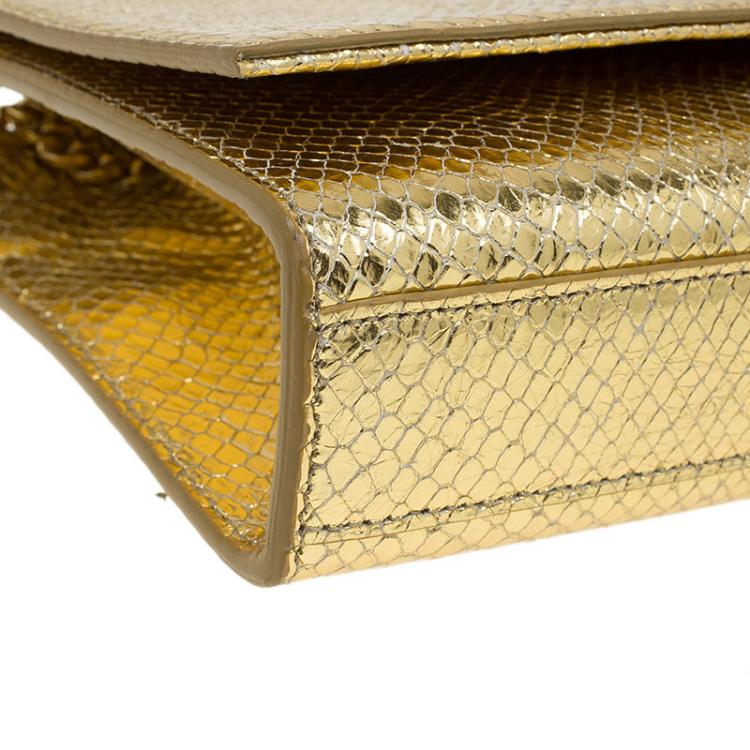 Pre Owned Saint Laurent Paris Gold Python Embossed Leather Medium Tassel Crossbody Bag