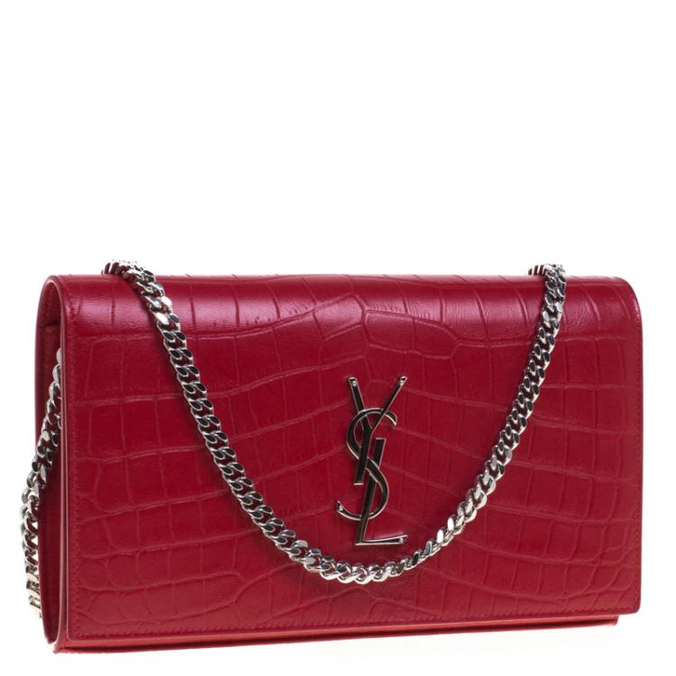 Pre Owned Saint Laurent Paris Red Croc Embossed Leather Wallet on Chain
