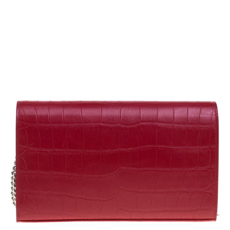 Pre Owned Saint Laurent Paris Red Croc Embossed Leather Wallet on Chain