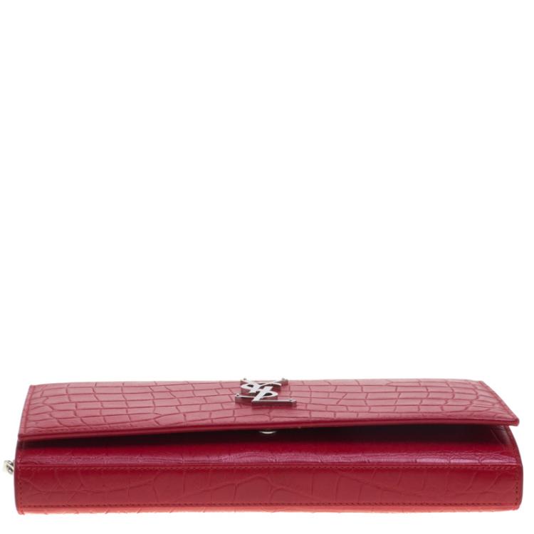 Pre Owned Saint Laurent Paris Red Croc Embossed Leather Wallet on Chain