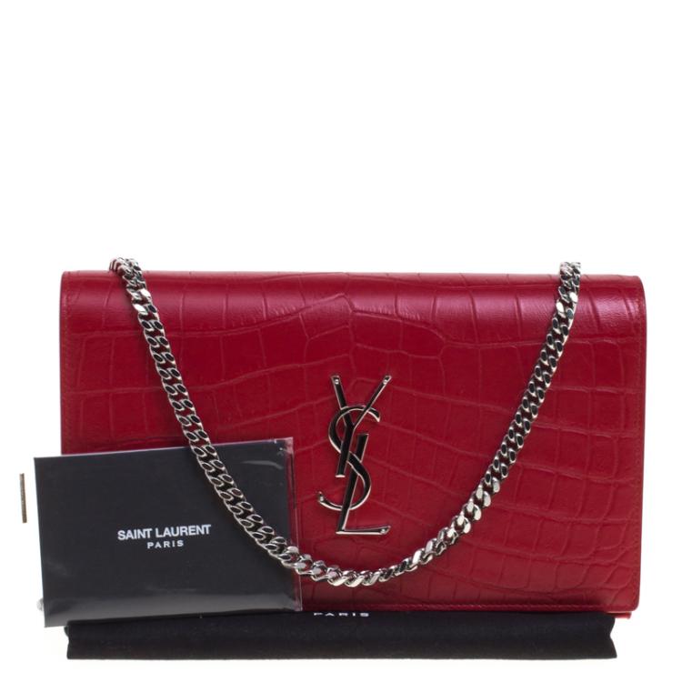 Pre Owned Saint Laurent Paris Red Croc Embossed Leather Wallet on Chain
