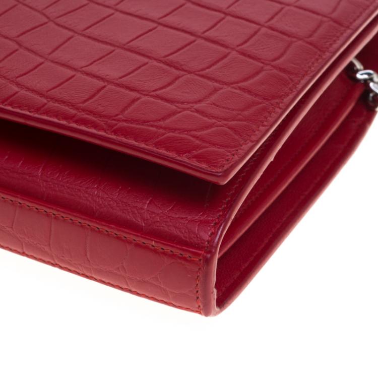 Pre Owned Saint Laurent Paris Red Croc Embossed Leather Wallet on Chain