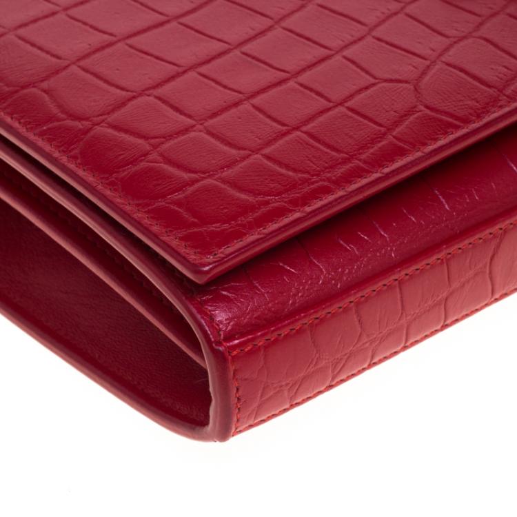 Pre Owned Saint Laurent Paris Red Croc Embossed Leather Wallet on Chain
