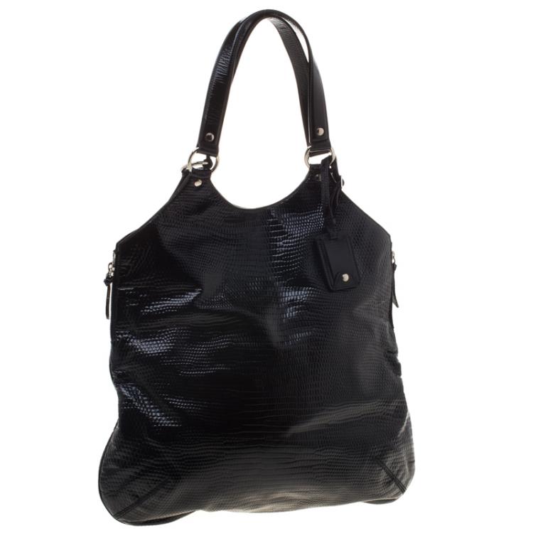 Pre Owned Saint laurent Paris Black Lizard Embossed Patent Leather Large Tribute Tote