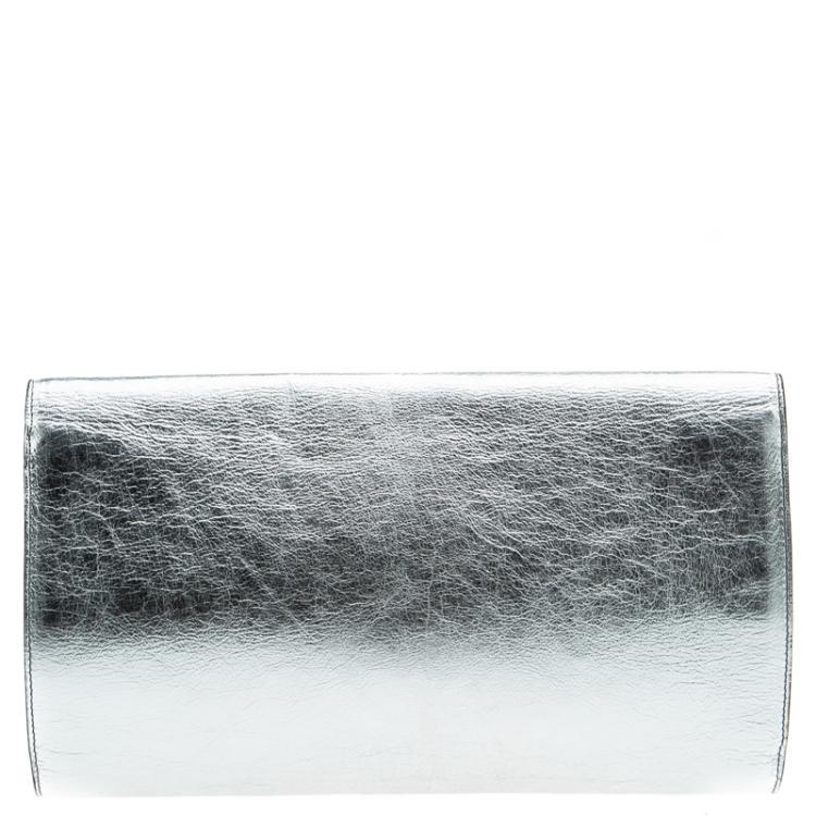 Pre Owned Saint Laurent Paris Silver Leather Belle De Jour Clutch