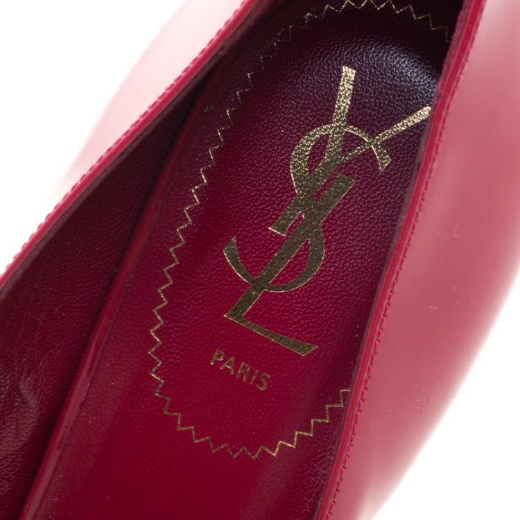 مملوكة مسبقًا Saint Laurent Paris Cherry Red Leather Palais B 105 Peep Toe Bow Platform Pumps Size 40
