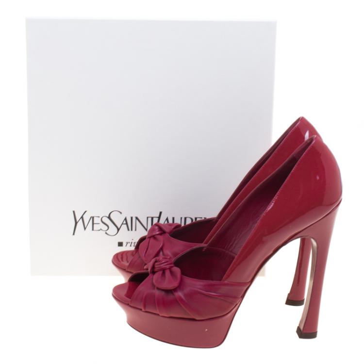 مملوكة مسبقًا Saint Laurent Paris Cherry Red Leather Palais B 105 Peep Toe Bow Platform Pumps Size 40