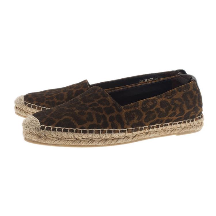 Pre Owned Saint Laurent Paris Leopard Print Brushed Suede Espadrilles Size 37