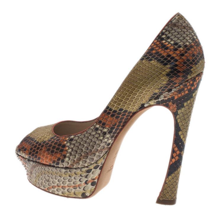 Pre Owned Saint Laurent Paris Orange Roccia Python Palais Peep Toe Pumps Size 37