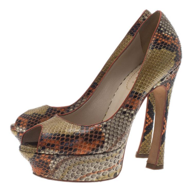 Pre Owned Saint Laurent Paris Orange Roccia Python Palais Peep Toe Pumps Size 37