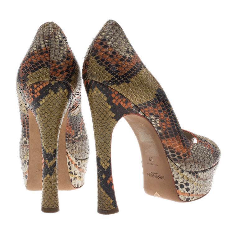 Pre Owned Saint Laurent Paris Orange Roccia Python Palais Peep Toe Pumps Size 37