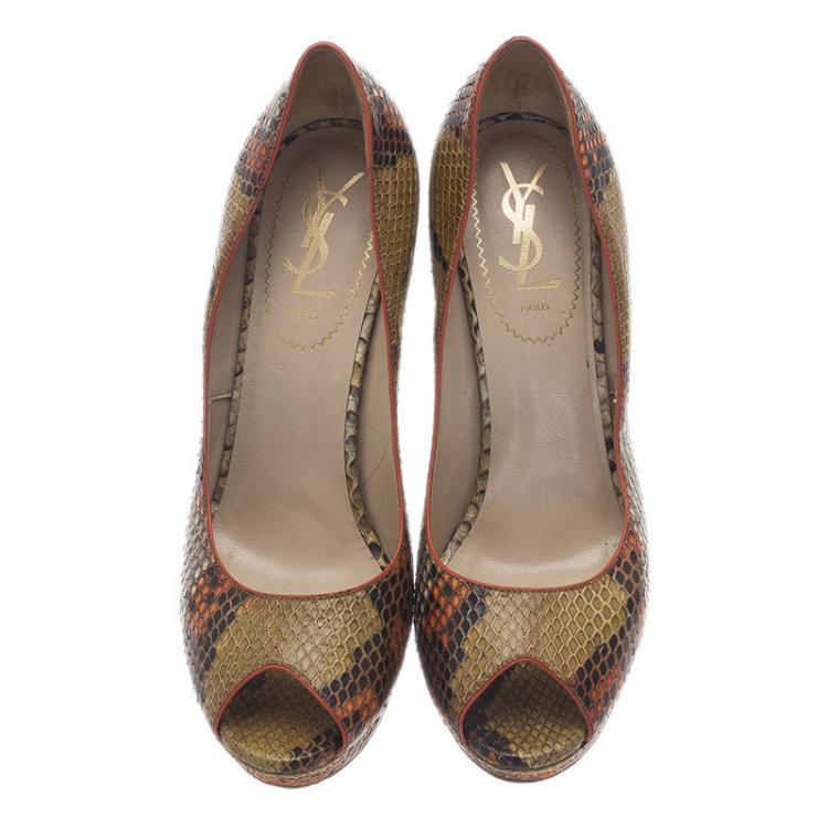 Pre Owned Saint Laurent Paris Orange Roccia Python Palais Peep Toe Pumps Size 37
