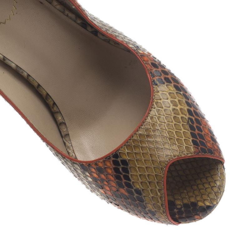 Pre Owned Saint Laurent Paris Orange Roccia Python Palais Peep Toe Pumps Size 37