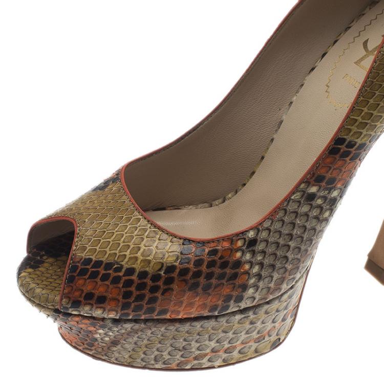 Pre Owned Saint Laurent Paris Orange Roccia Python Palais Peep Toe Pumps Size 37