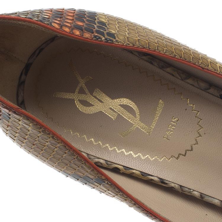 Pre Owned Saint Laurent Paris Orange Roccia Python Palais Peep Toe Pumps Size 37