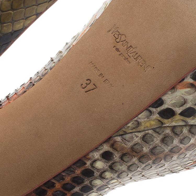 Pre Owned Saint Laurent Paris Orange Roccia Python Palais Peep Toe Pumps Size 37