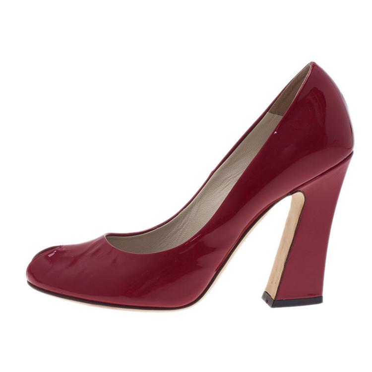 Pre Owned Saint Laurent Paris Red Patent Block Heel Peep Toe Pumps Size 37.5