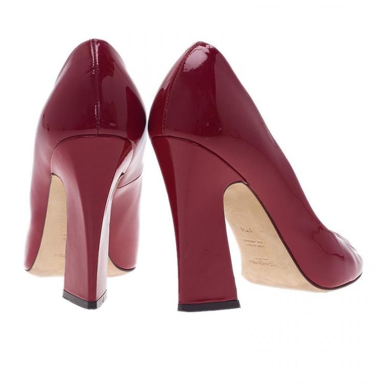 Pre Owned Saint Laurent Paris Red Patent Block Heel Peep Toe Pumps Size 37.5