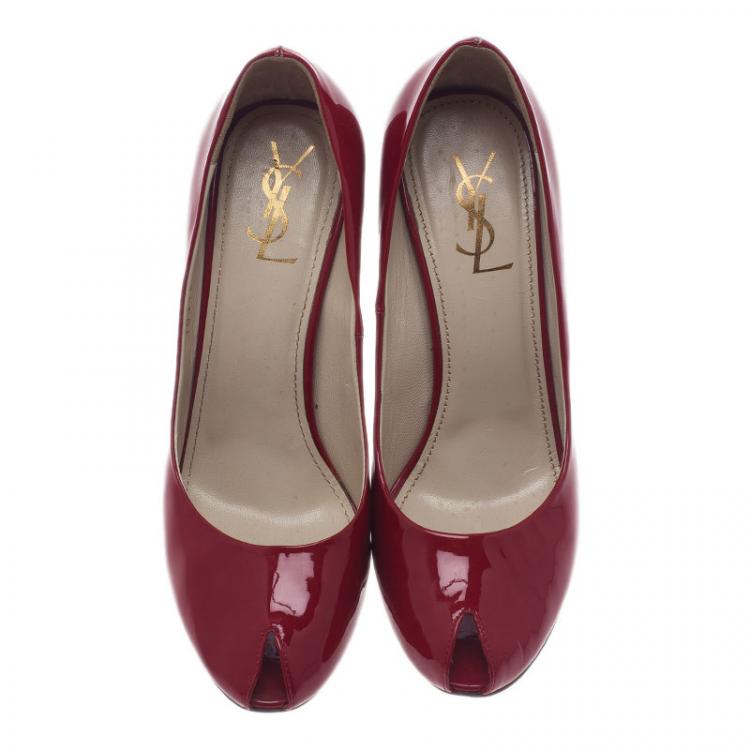 Pre Owned Saint Laurent Paris Red Patent Block Heel Peep Toe Pumps Size 37.5