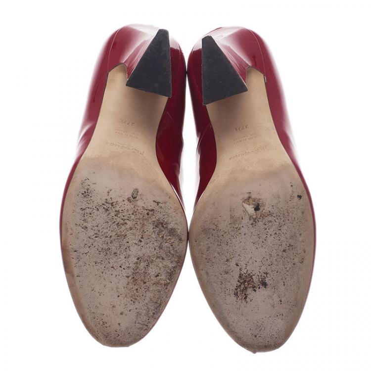 Pre Owned Saint Laurent Paris Red Patent Block Heel Peep Toe Pumps Size 37.5