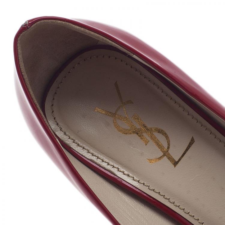 Pre Owned Saint Laurent Paris Red Patent Block Heel Peep Toe Pumps Size 37.5