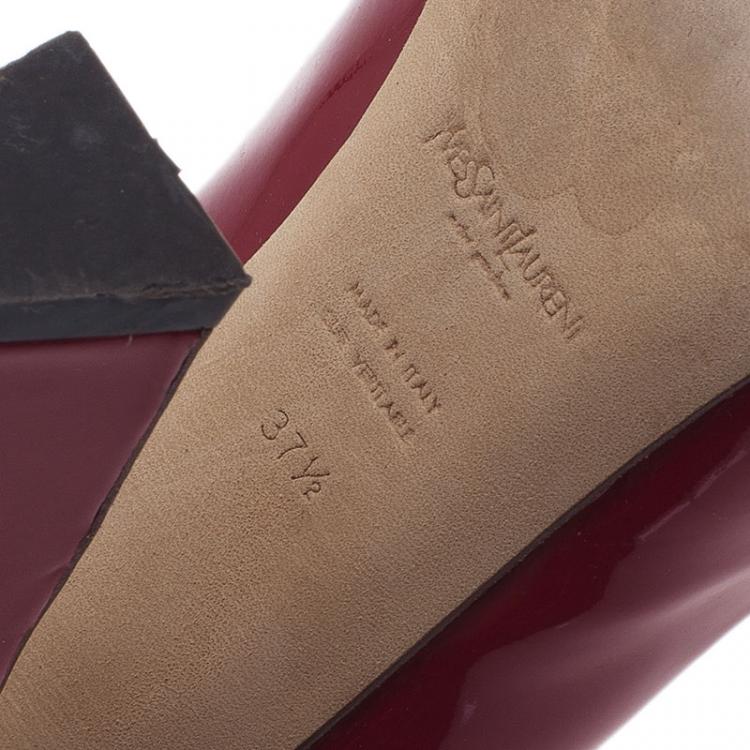 Pre Owned Saint Laurent Paris Red Patent Block Heel Peep Toe Pumps Size 37.5