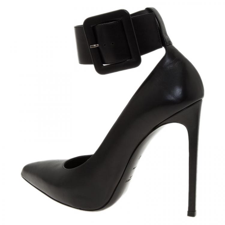 Pre Owned Saint Laurent Paris Black Leather Escarpin Ankle Strap Pumps Size 40