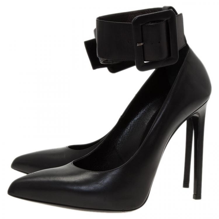 Pre Owned Saint Laurent Paris Black Leather Escarpin Ankle Strap Pumps Size 40