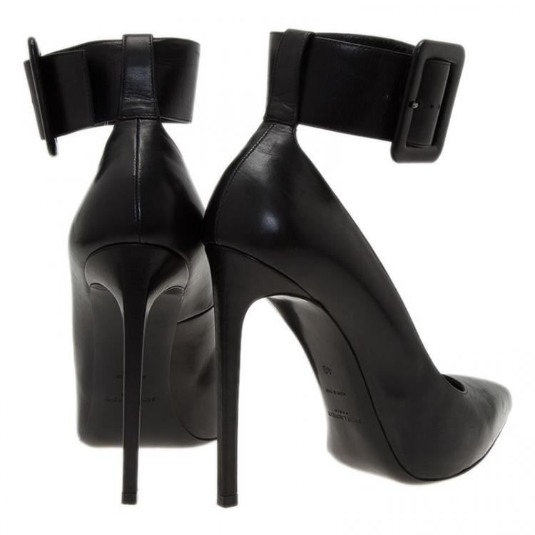 Pre Owned Saint Laurent Paris Black Leather Escarpin Ankle Strap Pumps Size 40