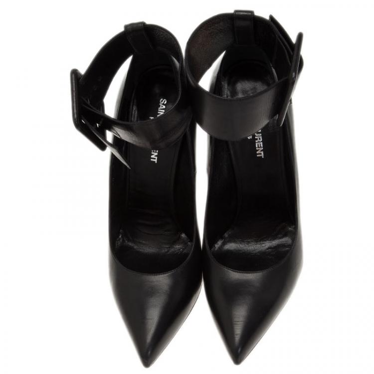Pre Owned Saint Laurent Paris Black Leather Escarpin Ankle Strap Pumps Size 40