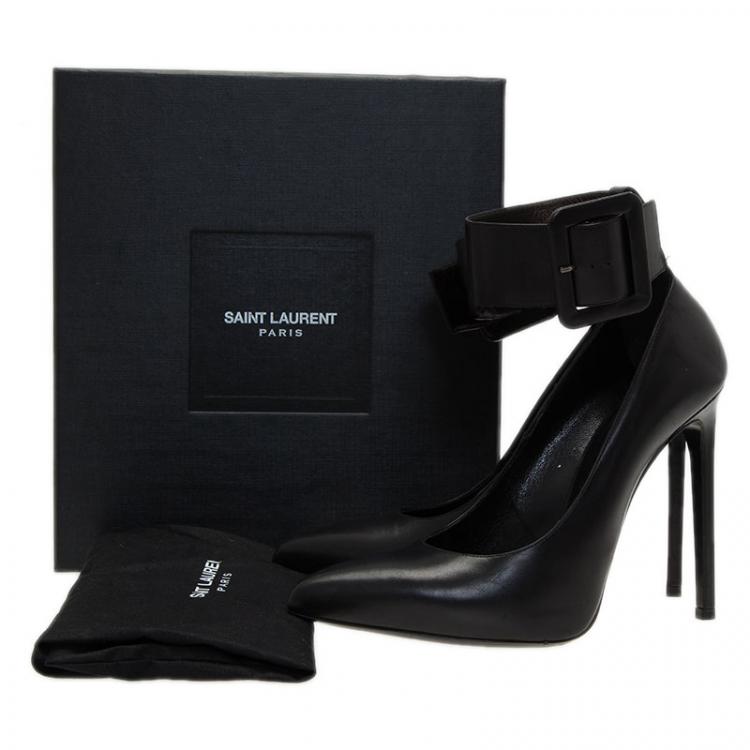 Pre Owned Saint Laurent Paris Black Leather Escarpin Ankle Strap Pumps Size 40