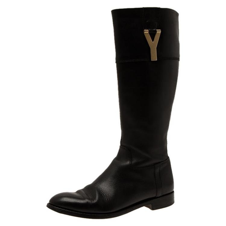 Pre Owned Saint Laurent Paris Black Leather Y Logo Riding Boots Size 37.5 
