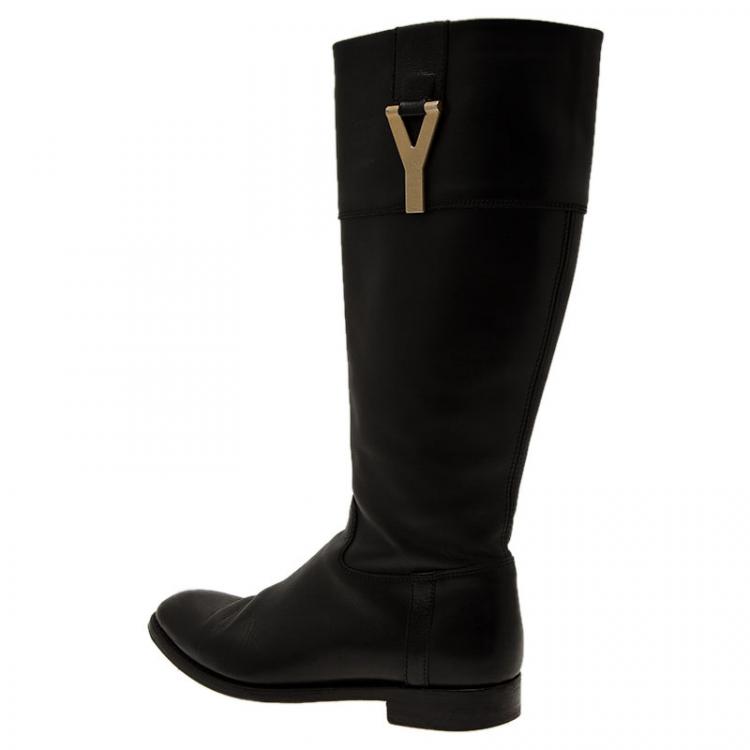 Pre Owned Saint Laurent Paris Black Leather Y Logo Riding Boots Size 37.5 