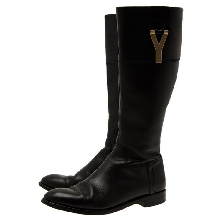Pre Owned Saint Laurent Paris Black Leather Y Logo Riding Boots Size 37.5 