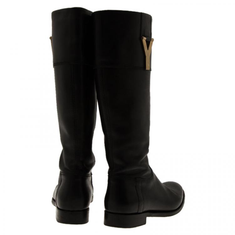 Pre Owned Saint Laurent Paris Black Leather Y Logo Riding Boots Size 37.5 