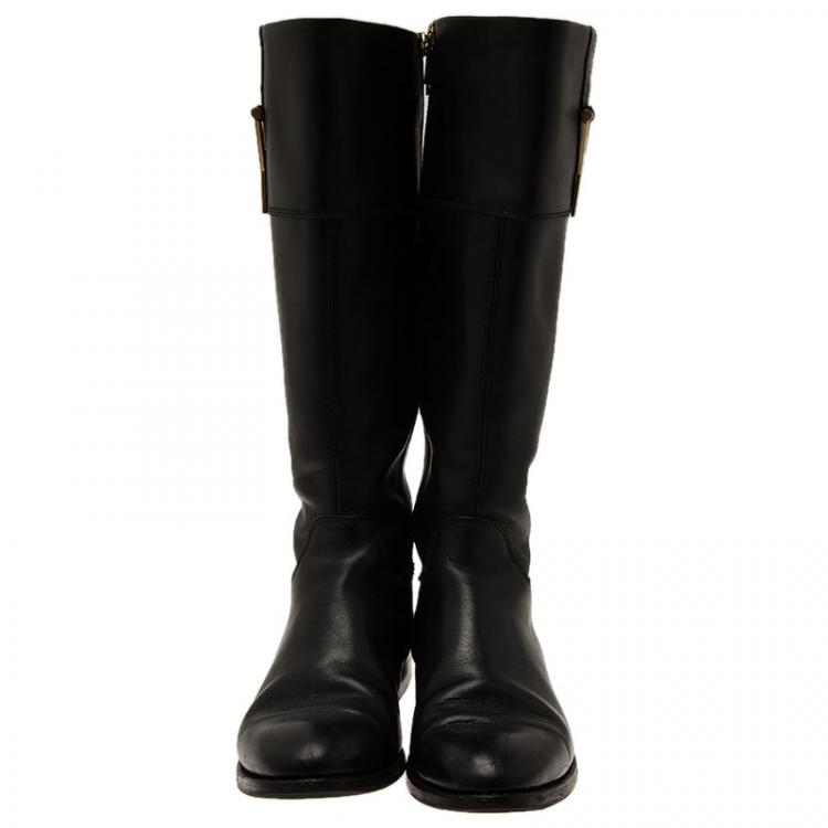 Pre Owned Saint Laurent Paris Black Leather Y Logo Riding Boots Size 37.5 