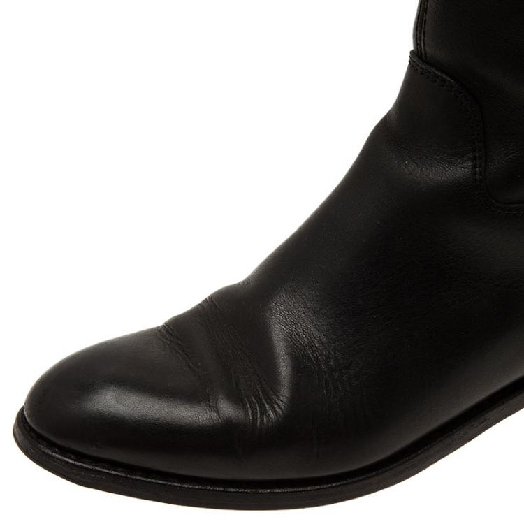 Pre Owned Saint Laurent Paris Black Leather Y Logo Riding Boots Size 37.5 