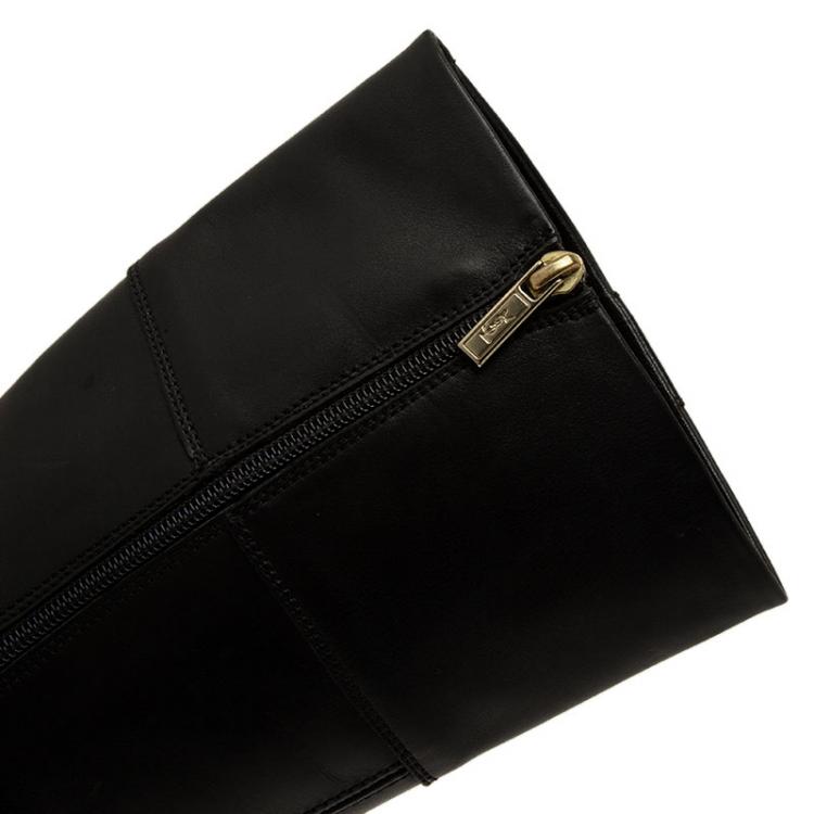 Pre Owned Saint Laurent Paris Black Leather Y Logo Riding Boots Size 37.5 