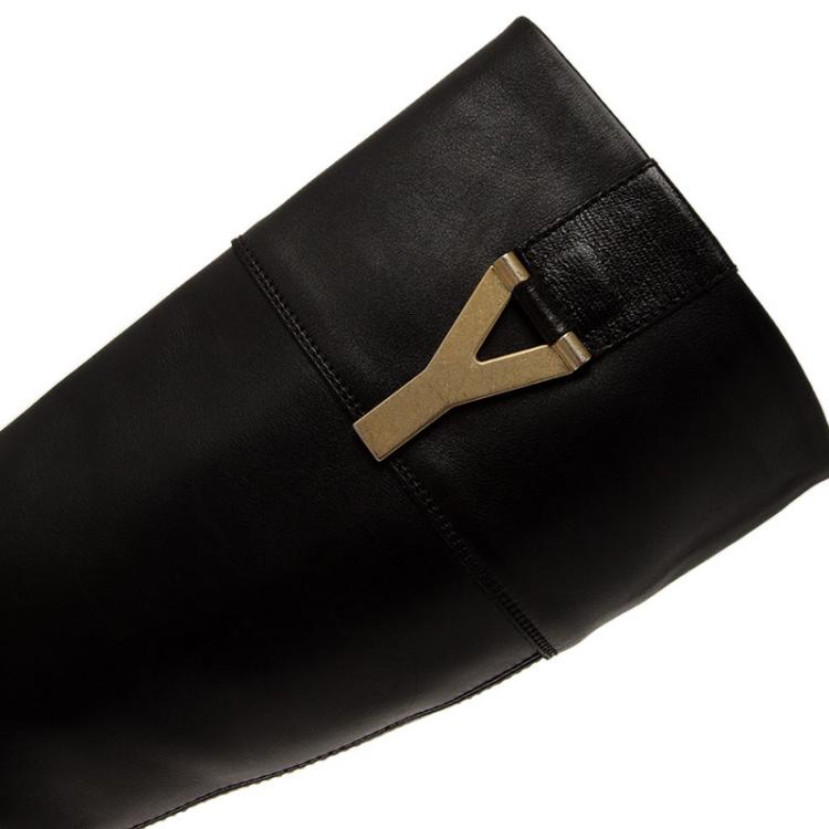 Pre Owned Saint Laurent Paris Black Leather Y Logo Riding Boots Size 37.5 