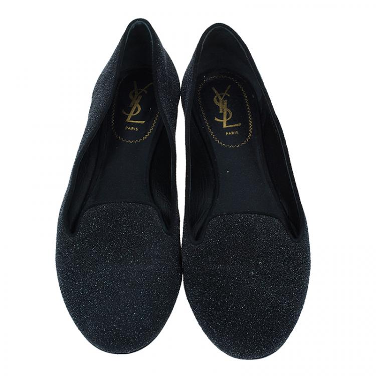 Pre Owned Saint Laurent Paris Black Glitter Smoking Slippers Size 41