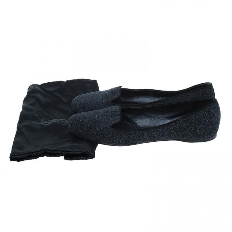Pre Owned Saint Laurent Paris Black Glitter Smoking Slippers Size 41