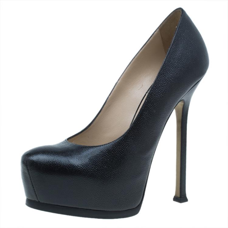 Pre Owned Saint Laurent Paris Black Leather Tribtoo Platform Pumps Size 37.5