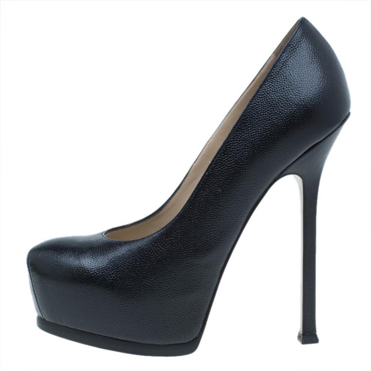 Pre Owned Saint Laurent Paris Black Leather Tribtoo Platform Pumps Size 37.5