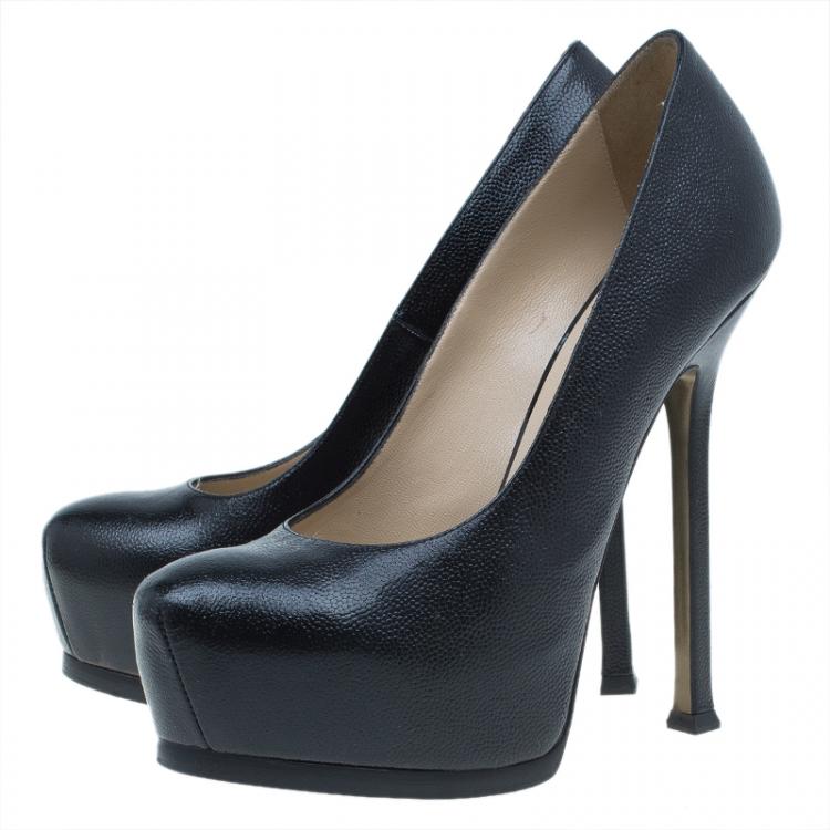 Pre Owned Saint Laurent Paris Black Leather Tribtoo Platform Pumps Size 37.5