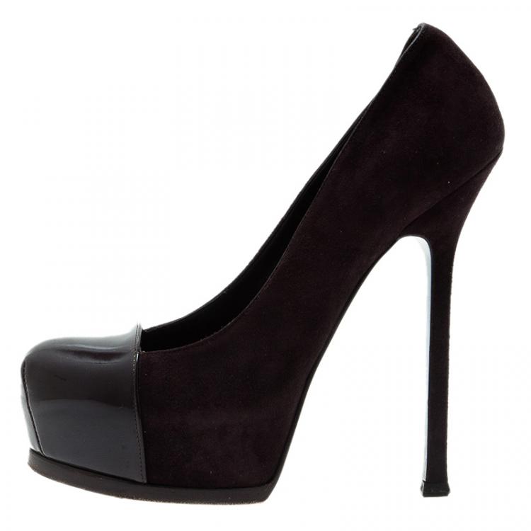 Pre Owned Saint Laurent Paris Deep Purple Suede And Patent Leather Cap Toe Tribtoo Platform Pumps Size 36.5