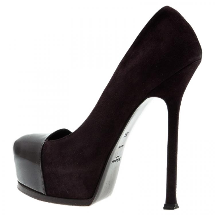 Pre Owned Saint Laurent Paris Deep Purple Suede And Patent Leather Cap Toe Tribtoo Platform Pumps Size 36.5
