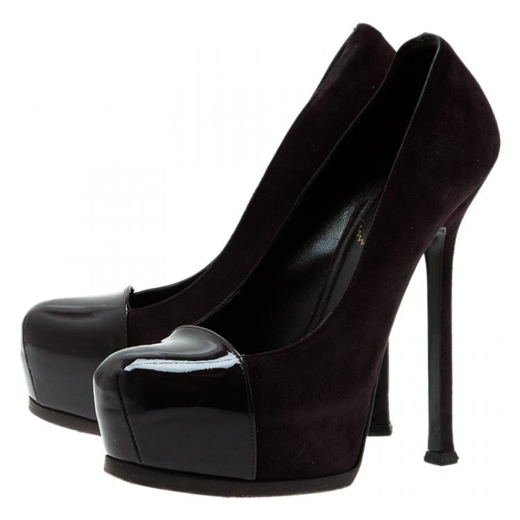Pre Owned Saint Laurent Paris Deep Purple Suede And Patent Leather Cap Toe Tribtoo Platform Pumps Size 36.5